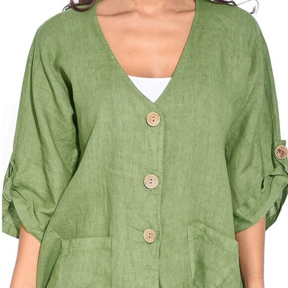 Green Roll Tab Sleeve Button Front Casual Shirt - Picture 1 of 2